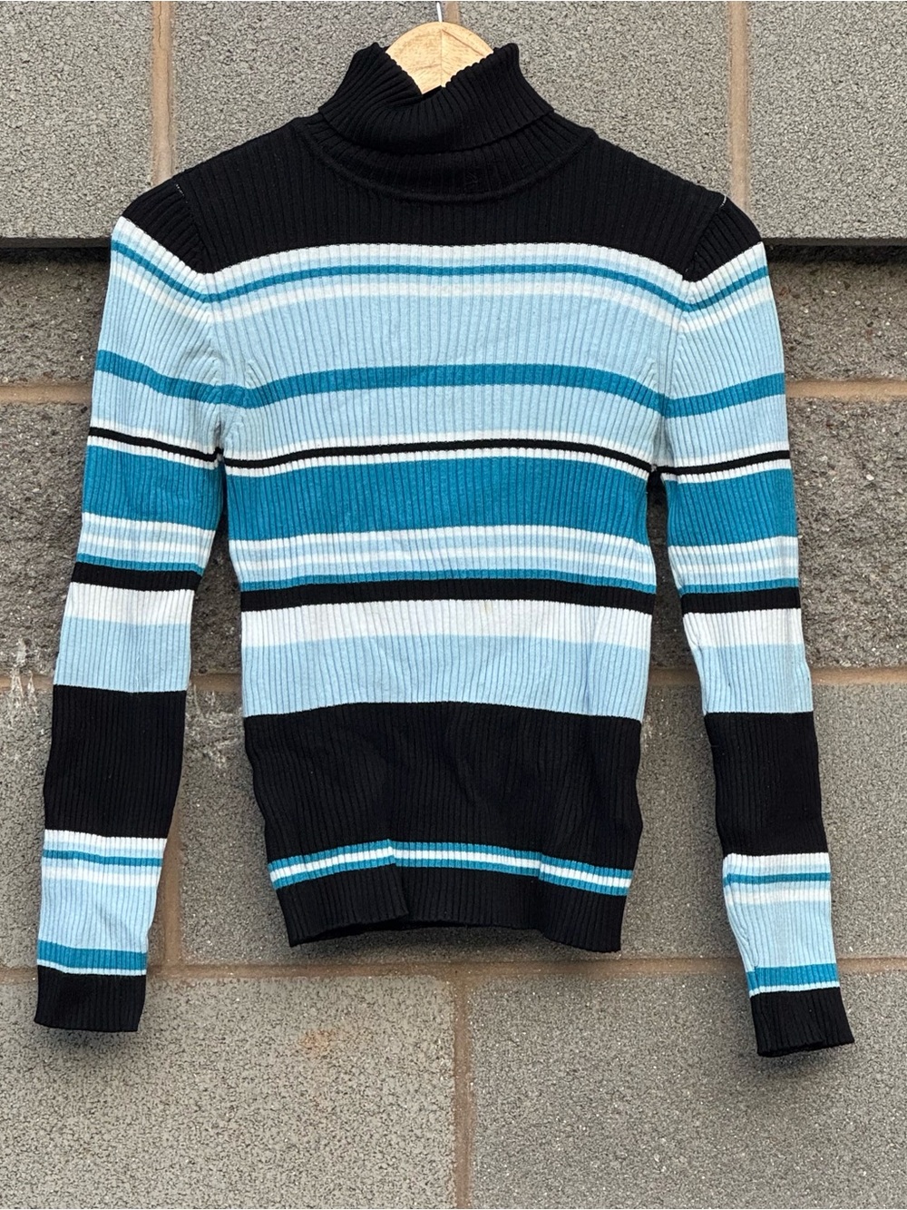Women’s Y2K Venus Blue Teal Striped Ribbed Turtleneck Sweater Top Large